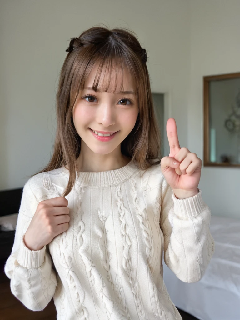 uncensored,source_real, 1girl,upper body, <lora:Momonogi_Kana_Ver.2:0.8>Momonogi kana,sweater,selfie pose,thumbs up,