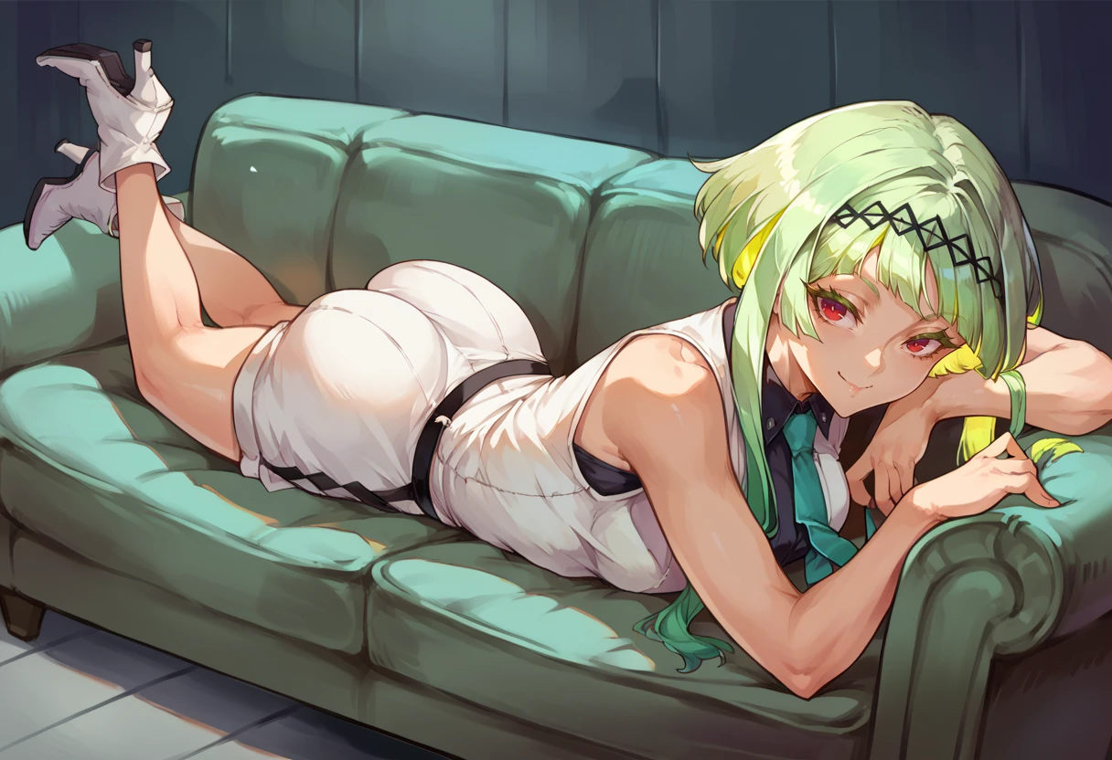 score_9, score_8_up, score_7_up, source_anime BREAK solo, 1girl,  <lora:Ringo-pdxl_Fp:1>, ringosh2, short hair with long locks, green hair, multicolored hair, red eyes, hairband, white vest, white shorts, necktie, smile, shirt, sleeveless, collared shirt, looking at viewer,  on stomach, the pose, couch, white footwear, high heel boots,