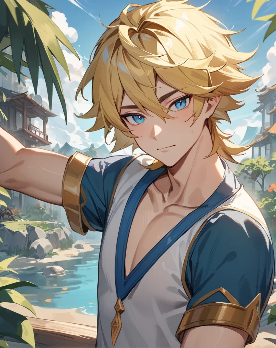 1boy, solo, male only, male focus, upper body, <lora:ezreal_sdxl_lora:1>, (ezreal, blonde hair, short hair, hair between eyes, bangs, blue eyes), googles, outdoors, looking at viewer, masterpiece, best quality, very aesthetic, absurdres, very detailed, sensitive, <lora:Lightning-8:0.5>