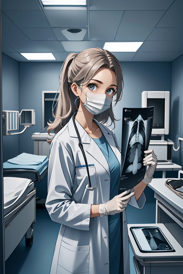 (RAW photo, best quality,facing the viewer,from front), operating room, overhead surgical light,blurred background, focused, dithering,backlighting,
 <lora:CM_Doctor_Checking_Xray_V2.0-000004:0.9> doctor xray, 1girl, solo, surgical mask, doctor, looking at viewer, labcoat,xray,
 <lora:Danila Ward_CSC_V1.0:0.58>  danila ward,long hair, prosthetic arms,