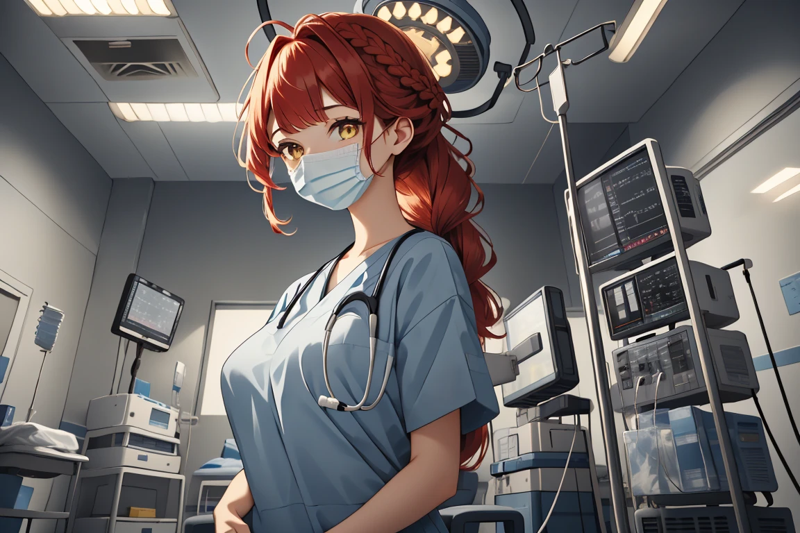 (RAW photo, best quality,facing the viewer,from front), operating room, overhead surgical light,blurred background, focused, dithering,backlighting,
 <lora:CM_Doctor_Emergency_Surgery_V2.0-000004:0.9> doctor emergency exam, 1girl, solo, surgical mask, intravenous drip, hospital bed, stethoscope, ceiling light, 
 <lora:Lydia Granger:0.7> (lydia granger, oc 07, 1girl, long hair, large breasts, yellow eyes, red hair, swept bangs, crown braid),