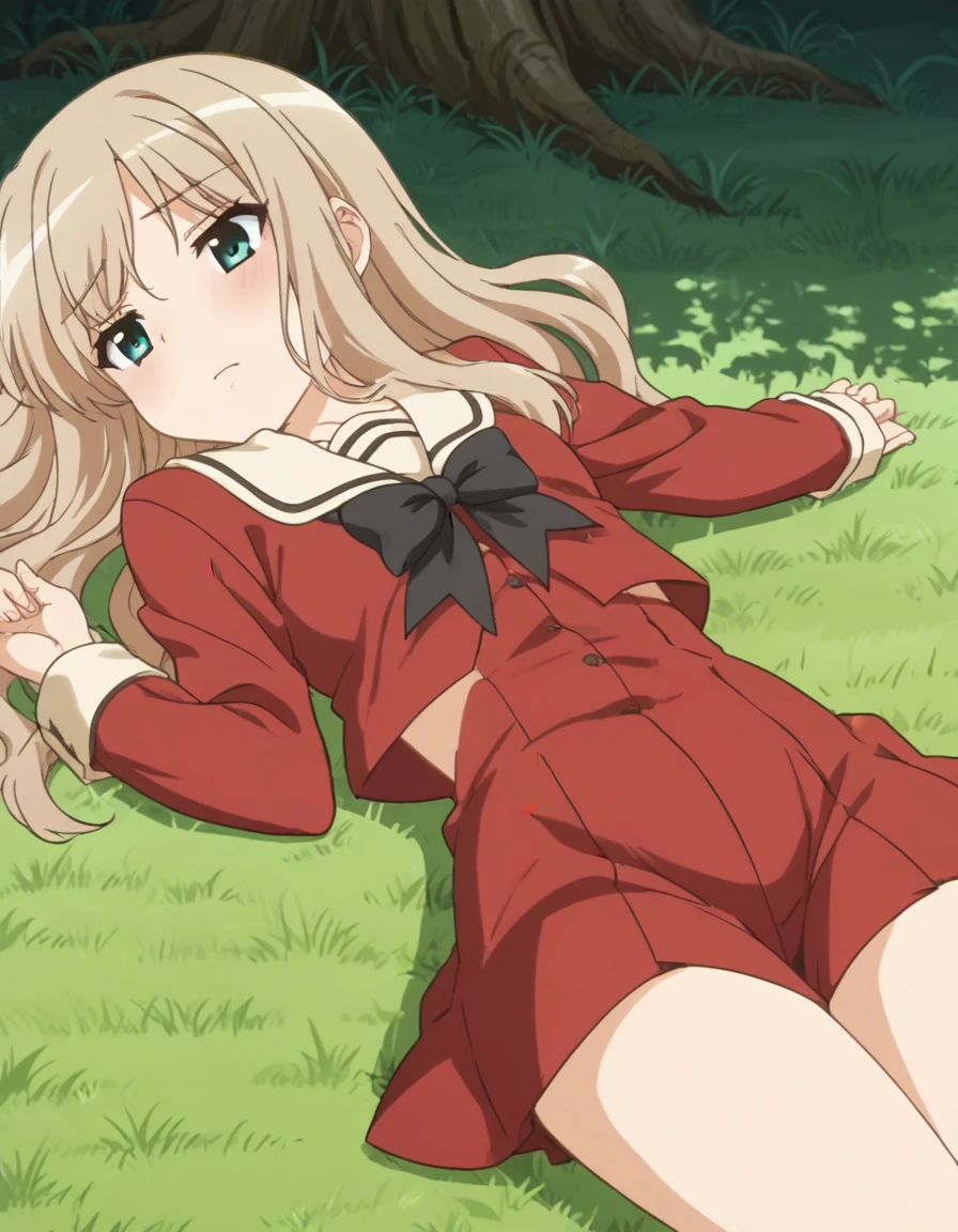 (Masterpiece, best quality), 1 long blonde girl lying in a field of greenery and flowers, her hands under her chin, warm lights, red sailor suit, blurred foreground, maple leaf hairpin, blonde eyes, white over-the-knee socks, school shoes, cat ears,