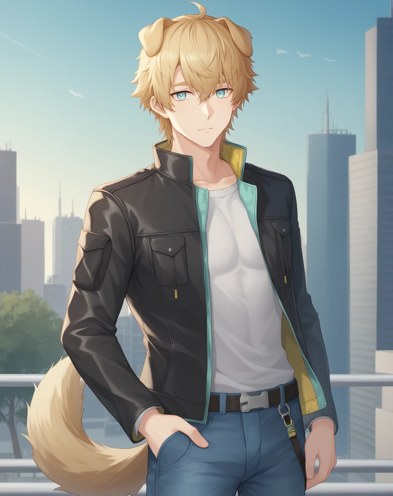 score_9, score_8_up, BREAK, <lora:Tequila_Pony__Arknights:0.8>, tequila_arknights, 1boy, dog tail, solo, male focus, cowboy shot, portrait, looking at viewer,  straight-on, white shirt, leather jacket, open jacket, jeans, shibuya \(tokyo\), city, building, crowd, crosswalk,