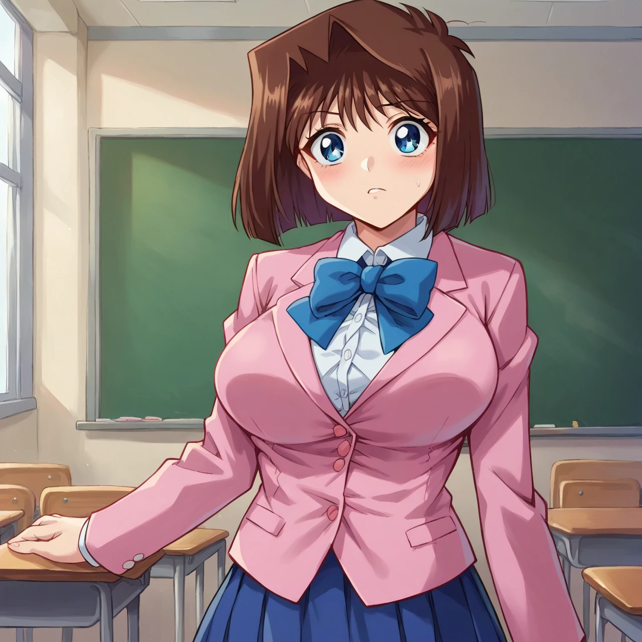 score_9, score_8_up, score_7_up, source_anime, BREAK, uncensored,  <lora:Anzu_Mazaki:1> anzu mazaki, brown hair, short hair, blue eyes, large breasts,  blue bowtie, pink jacket, blazer, long sleeves, blue skirt, pleated skirt, standing, school, looking at viewer, upper body, 1girl, solo, classroom, indoors 