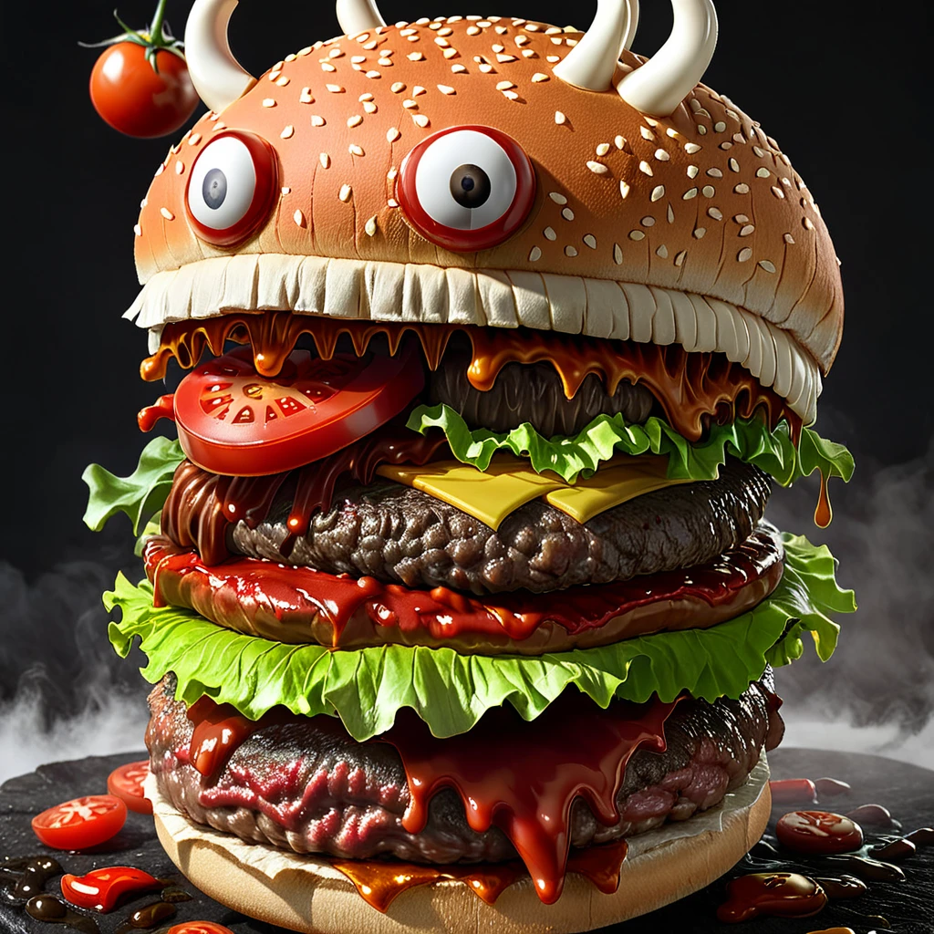 <lora:monster_foodXL:0.8>,monster_food, masterpiece,high resolution,detail,
, no humans, food, food focus, burger, meat, lettuce, tomato, dripping, ketchup, hamburger monster