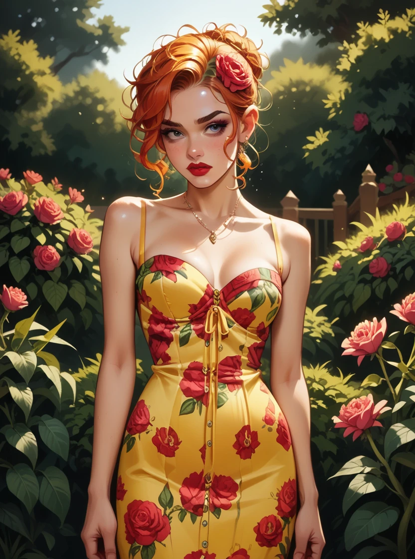 score_9, score_8_up, score_7_up, score_6_up, 1girl, white Messy Comb-Over with hair, makeup, lipstick, hud_dk_4, long yellow dress, floral print, sleeveless, <lora:dollskillpny-10:0.7>, garden