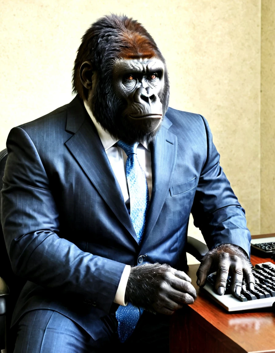 Photorealistic animallora, gorilla in business suit, working on computer, nice office . Ultra-high detail, lifelike textures, realistic lighting, high-resolution, low quality,reddit,real life photo,traditional media,Amateur,film grain,RAW, animallora, gorilla in business suit, working on computer, nice office,