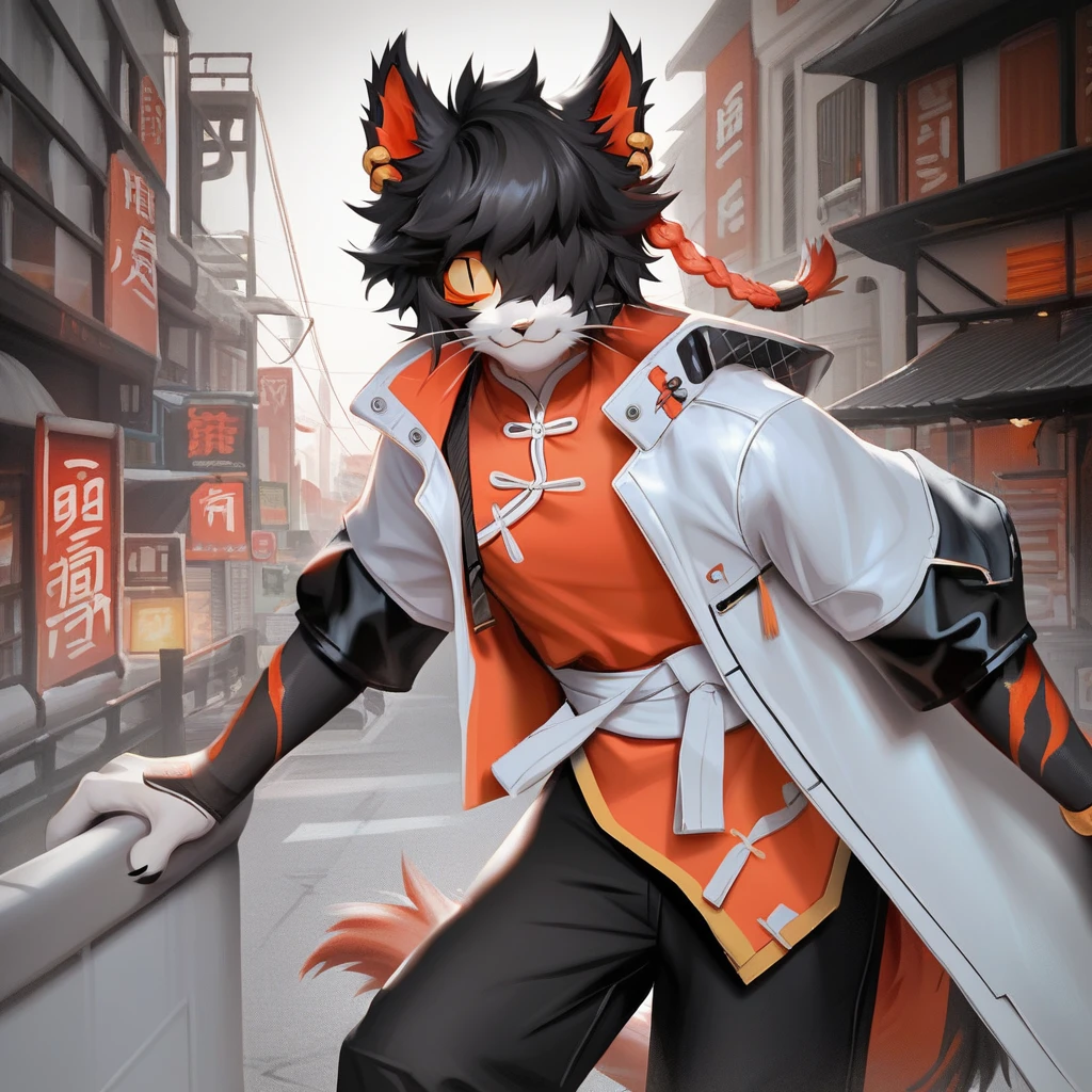 score_9, (realistic, extremely detailed), soft lighting, scifi, city, solo furry anthro male ((cat)) aakarknights, whiskers, black hair, bangs, hair over one eye, earrings, orange single braid, yellow sclera, slit pupils, black pants, white coat, white sash. chinese clothes, orange vest, looking at viewer, smiling<lora:EMS-405490-EMS:0.800000>