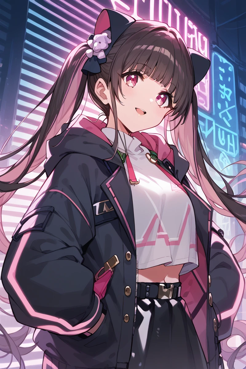 score_9, score_8_up, score_7_up, score_6_up, 1girl,
<lora:Kaibara_Michiru:0.9> michiru, twintails, long hair, bangs, dark jacket, hood, wear hood, neon lights,