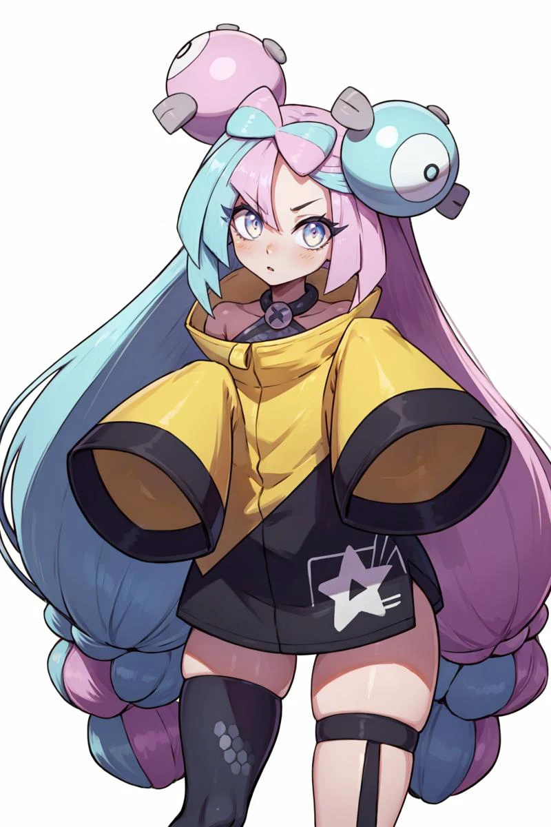 <lora:PKMN_Iono-DEF:0.8> Iono (pokemon), solo, twintails, long hair, hair ornaments, sleeves past wrists, asymmetrical legwear, cowboy shot, white background