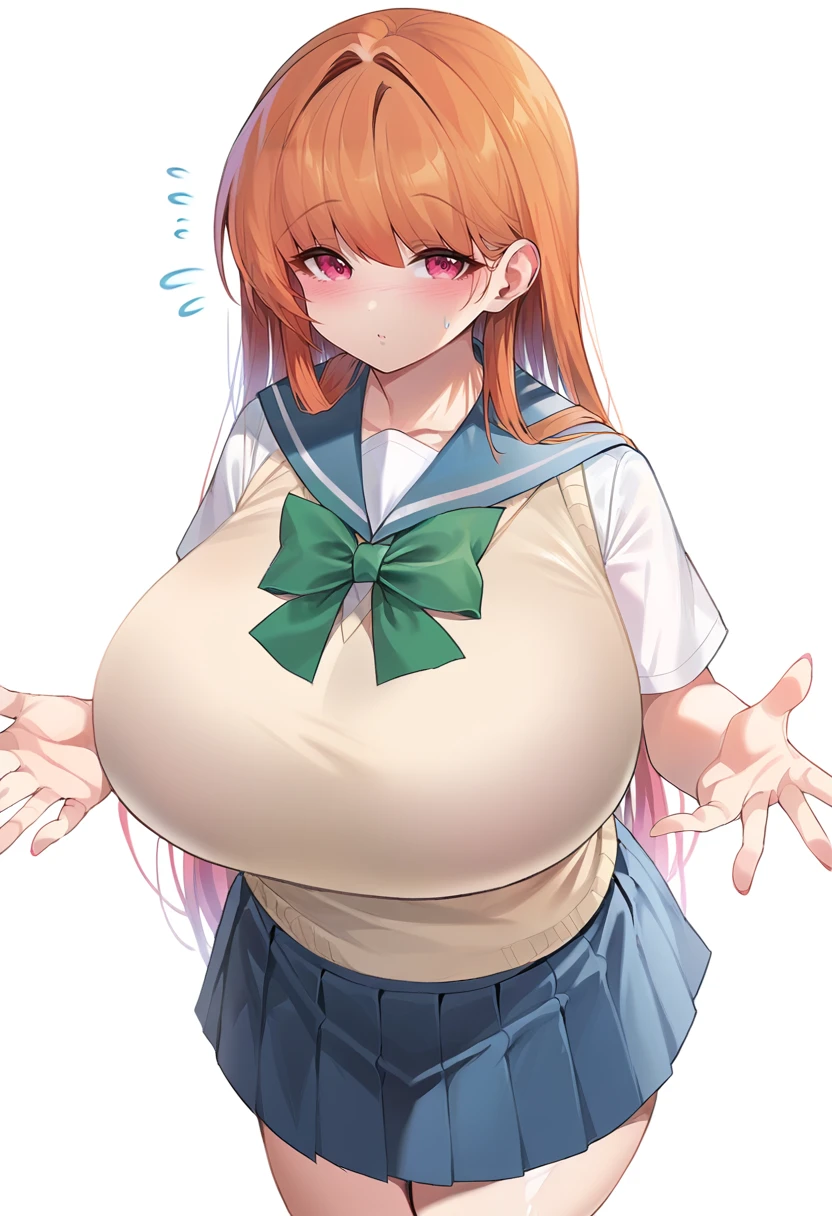 A Beautiful Girl, with Long Brunette Hair, Beautiful Blue Eyes, and (Unreasonably Extremely Excessively Large, Incredibly Overinflated, Absurdly Extremely Oversized, Ridiculously Excessively Enormously Huge Breasts), Red Shirt, Dark-Blue Jeans,