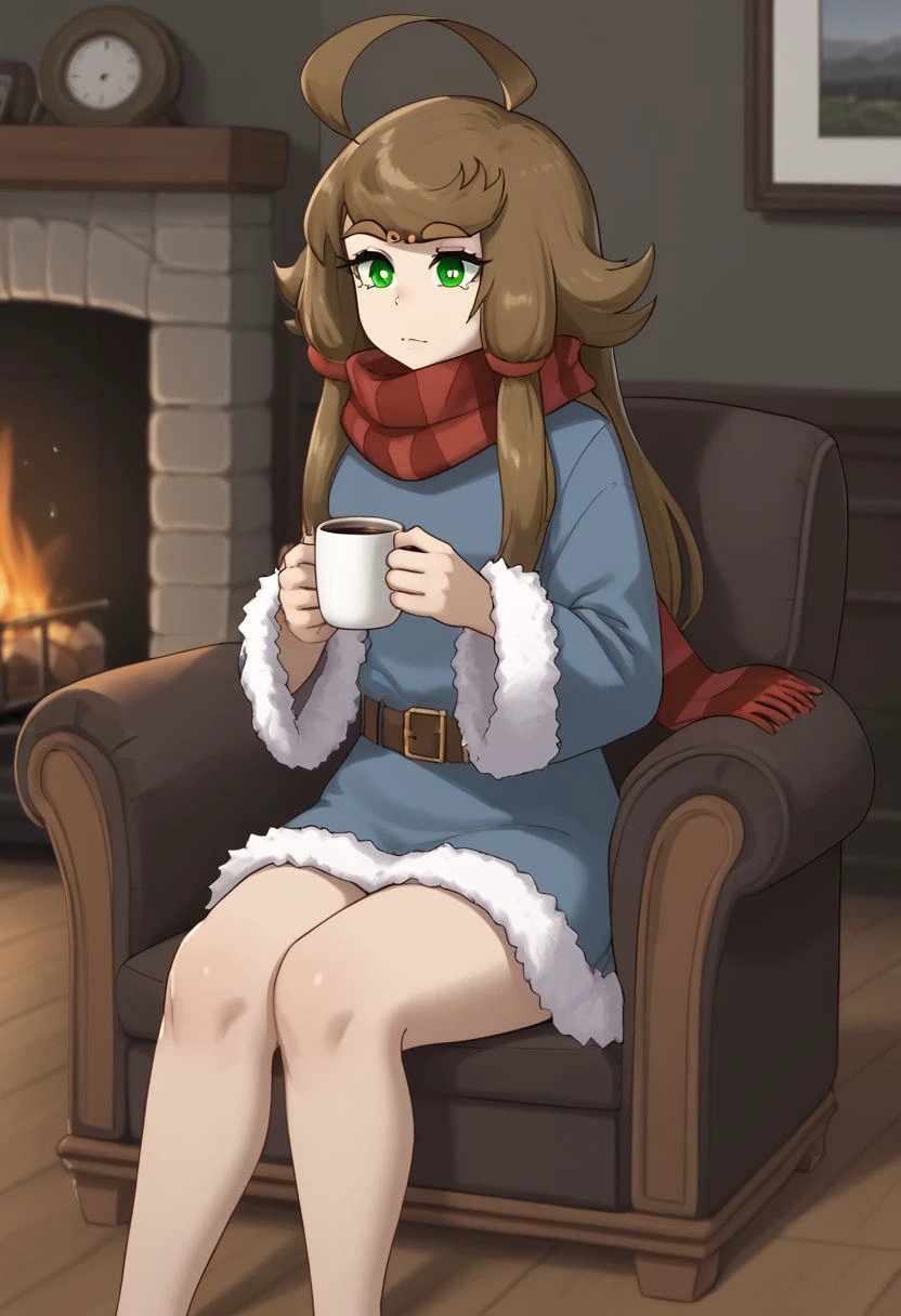 1girl, solo, Blu, brown hair, green eyes, sidelocks, hair ornament, ahoge, huge ahoge, long hair, thick eyebrows, thick eyelashes, fur-trimmed dress, (fur-trimmed sleeves), scarf, bare legs, belt, sitting, armchair, fireplace, indoor, wooden floor, holding cup, coffee mug