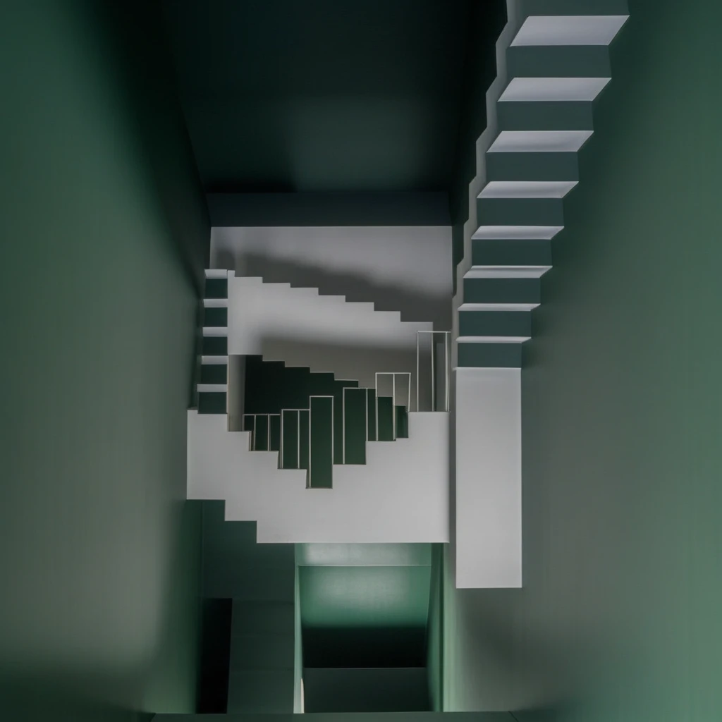 penrose_stairs, stairs maze, impossible staircase, photograph, by Chao Zhang, green walls, multiple doorways, inverted stairs