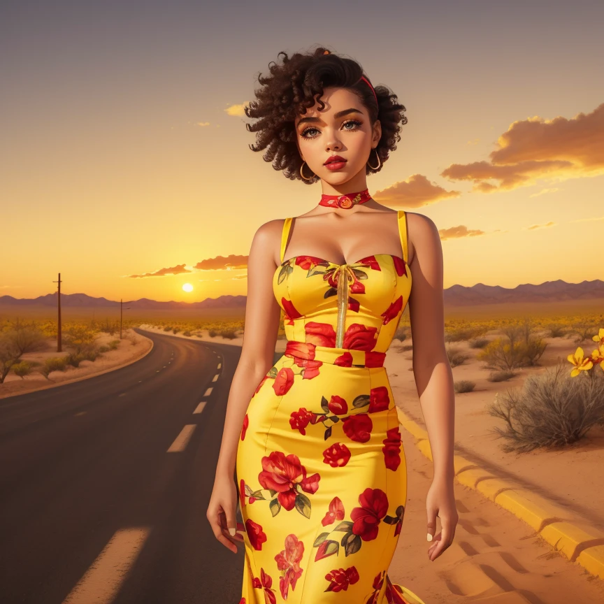 1girl, solo, white Curly Afro with Tapered Sides hair, makeup, lipstick, hud_dk_4, long yellow dress, pencil skirt, floral print, sleeveless, choker, <lora:dollskill3sd1508:0.6>, road, desert, sunset, shadow on face