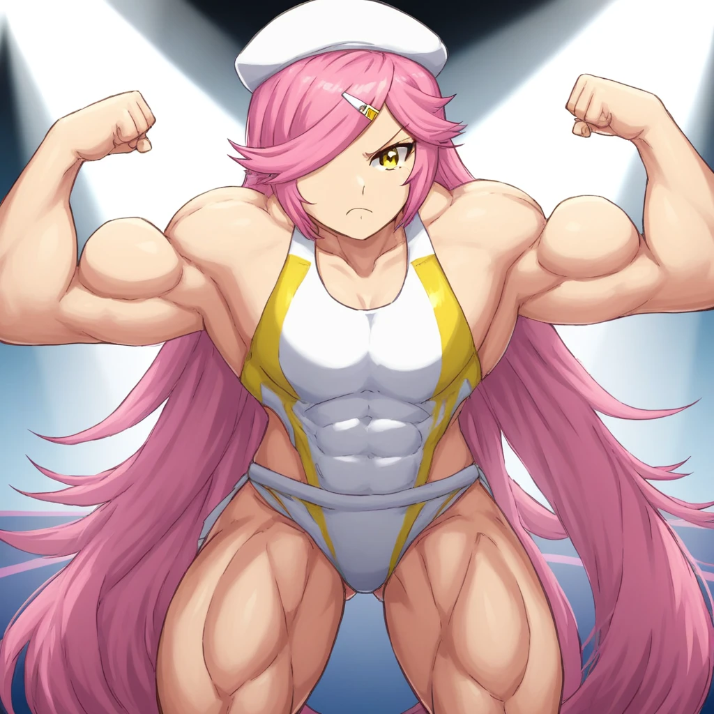 pink,madoka, musclegirl, crazy smile, babarian, revealing cloths, long hair, living hair, red eyes, full body, feet,huge breast, body suit