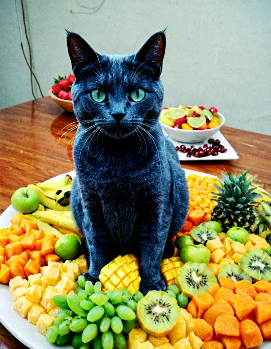 low quality,reddit,real life photo,traditional media,Amateur,film grain,RAW, foodlora, cat made of fruits,
