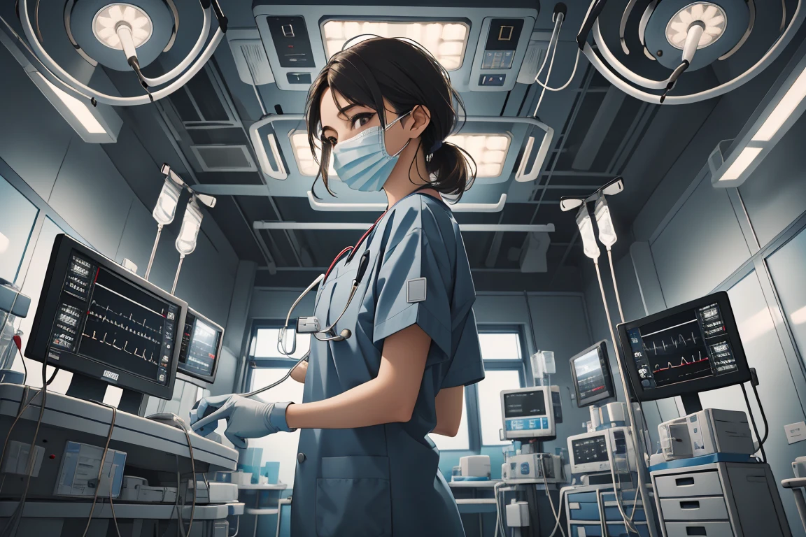 (RAW photo, best quality,facing the viewer,from front), operating room, overhead surgical light,blurred background, focused, dithering,backlighting,
 <lora:CM_Doctor_Emergency_Surgery_V2.0-000004:0.9> doctor emergency exam, 1girl, solo, surgical mask, intravenous drip, hospital bed, stethoscope, ceiling light,