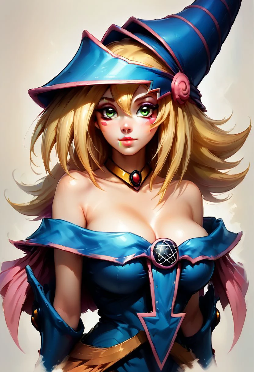 Faded Headshot, faded bottom, faded edges ,score_9,score_8_up,score_7_up,score_6_up,score_5_up,
1girl, dark magician girl(/Yu-Gi-Oh!)/,(ultra HD quality details), pale skin, blonde hair, green eyes, long hair,
hat, wizard hat, bare shoulders, off shoulder, collarbone, cleavage, blue footwear, pentacle, choker,
, digital illustration, disney, rule 63, full body, perfect anatomy, perfect face, butt showing esthetically, abstract beauty, beautiful, centered, looking at the camera, approaching perfection, dynamic, moonlight, highly detailed, watercolor painting, artstation, concept art, smooth, sharp focus, illustration, 
(upper body:1.2), (close up:1.5), portrait, huge breasts, deep cleavage, close up, upper body,