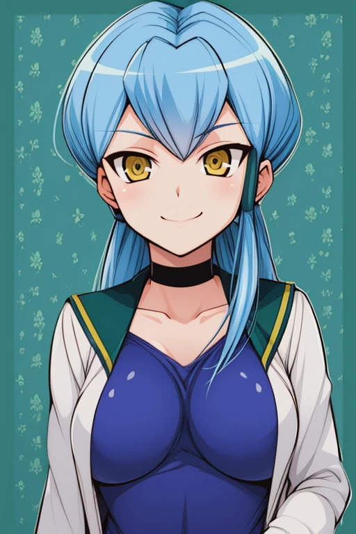 2010s (style), year 2010, anime_art_style, cartoon,masterpiece,high quality,cardfight!! vanguard, jillian chen, 1girl, solo, breasts, blue hair, yellow eyes, choker, smile, long hair, looking at viewer, hair tubes, breasts,bule shirt,  jacket, upper body, long hair, low twintails<lora:Jillian_Chen:0.9> <lora:add_detail:0.5> <lora:hyperdetailer_v095:0.5>