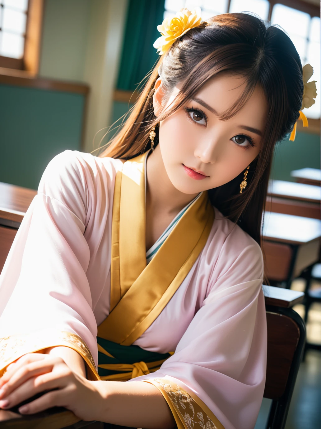 absurdres,incredibly absurdres,cinematic_angle,Cinematic Lighting,golden moment sea backlight,anatomically correct,classroom,RAW photography,professional grade,(Charming Face:1.4),(sutocking beautiful,cure lovely,shy,implicit,perseverance),cute & girly \(idolmaster\),hanfu,