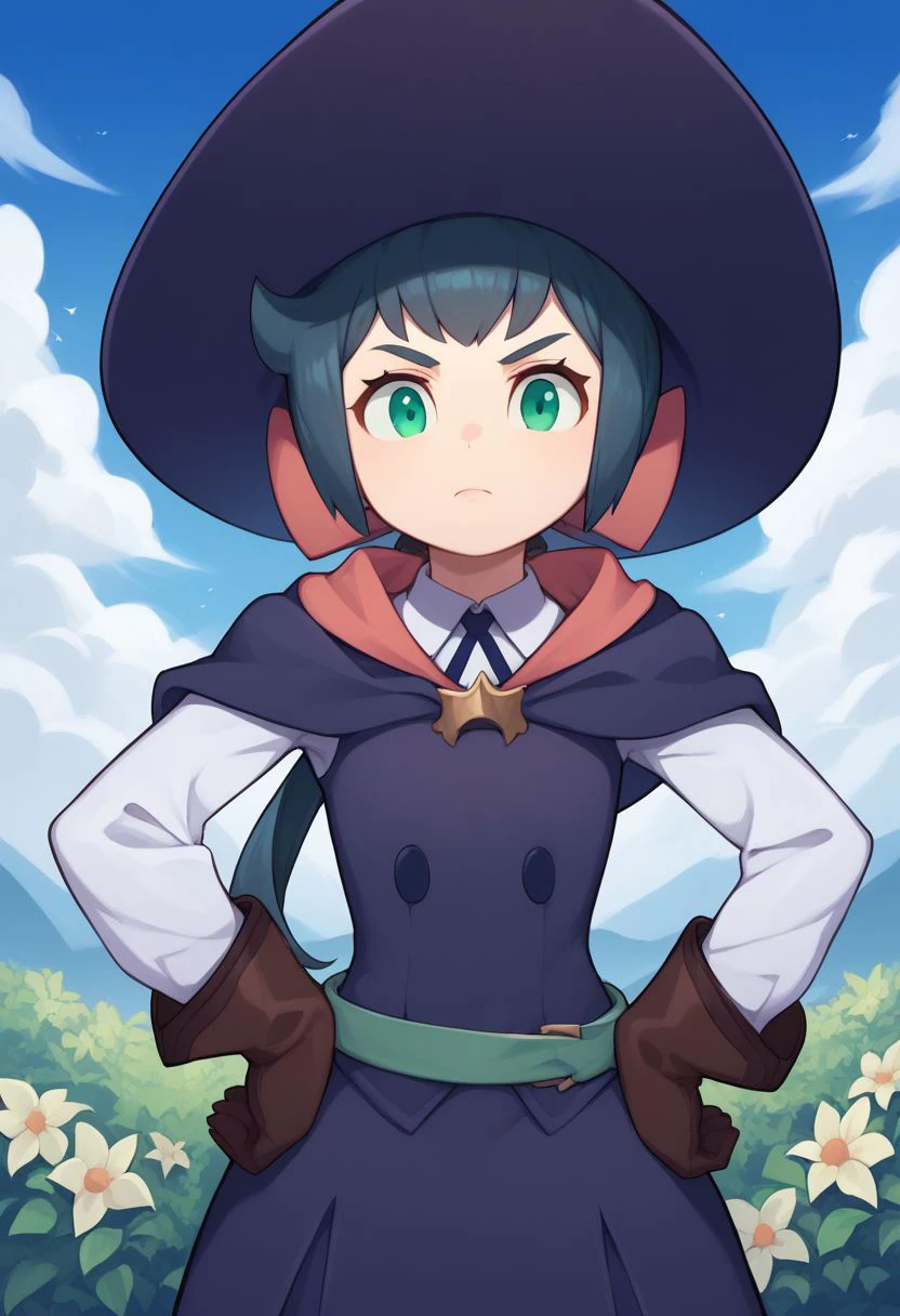 score_9, score_8_up, score_7_up, source_anime, highly detailed, 
constanze, 1girl, solo, hat, luna nova school uniform, brown gloves, gloves, witch hat, upper body, closed mouth, standing, green eyes, ponytail, long hair, dress, bow, long sleeves, hands on hips,
outdoor, garden, sky, clouds