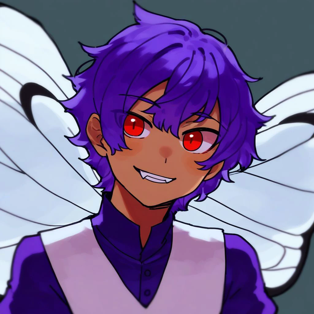 score_9,score_8_up,score_7_up,score_6_up,score_5_up,score_4_up,, solo, butterfree, 1boy, male focus, solo, red eyes, butterfly wings, white wings, purple hair, human, personification, smile, fang, puffy sleeves, short sleeves, white vest, purple shirt