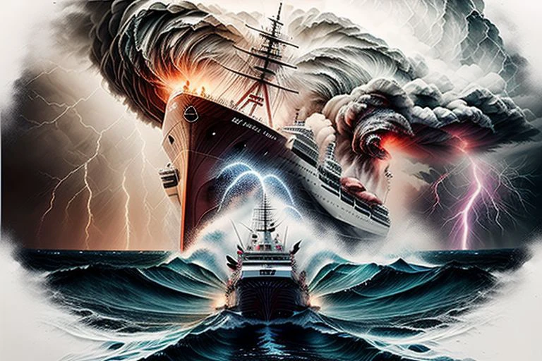 Generate an image depicting a dramatic storm at sea.
high resolution, size 16/9, ultra HD quality, HDR
Dramatic: The image should be visually stunning and convey the power and fury of the storm.
Suspense: The image should create a sense of tension and danger, showing the ship's crew struggling to stay afloat.
Detail: The image should be detailed enough to see the waves, the ship, the crew, and other elements of the storm.
Realism: The image should be realistic and reflect the true appearance of the storm at sea. Fear in the eyes of the captain
Colors: The image can use dark and dramatic colors to emphasize the tension of the situation.
Lighting: The image can use flashes and other lighting effects to add drama.
emphasis on the ship's crew after exactly the captain
Image of ((ship's crew struggling to save the ship from the storm))
styles, for example:
Realistic, funny