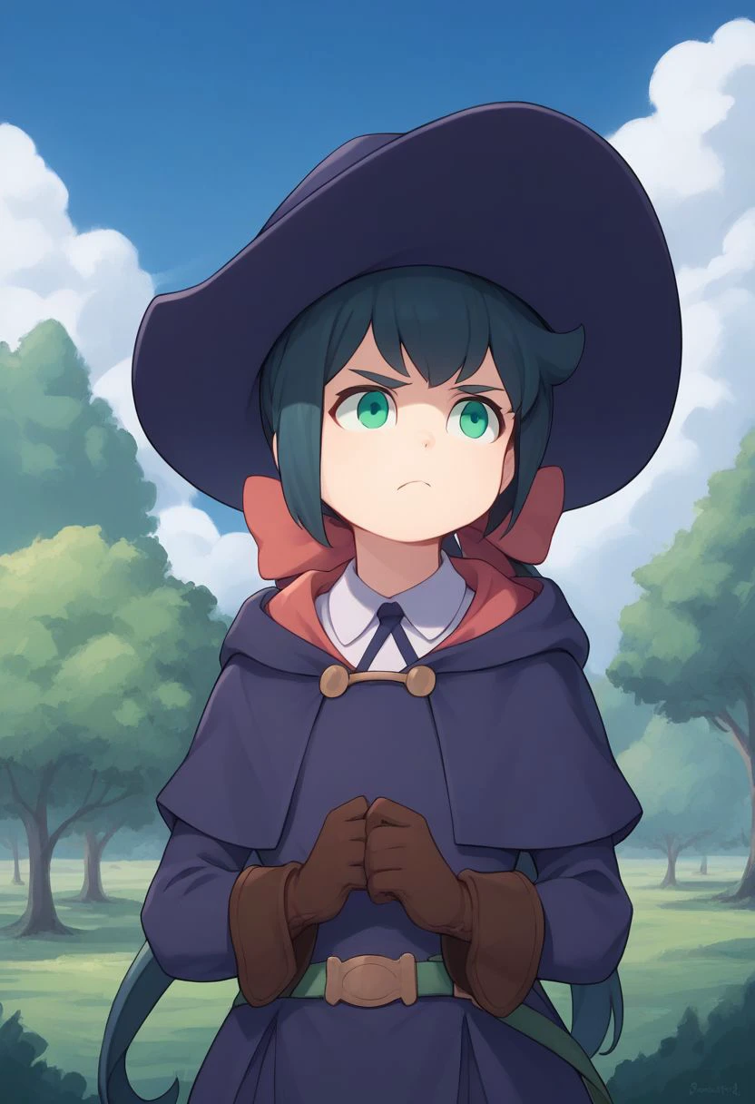 score_9, score_8_up, score_7_up, source_anime, highly detailed, 
constanze, 1girl, solo, hat, luna nova school uniform, brown gloves, gloves, witch hat, upper body, closed mouth, standing, green eyes, ponytail, long hair, dress, bow, long sleeves, frown,
outdoor, garden, sky, clouds