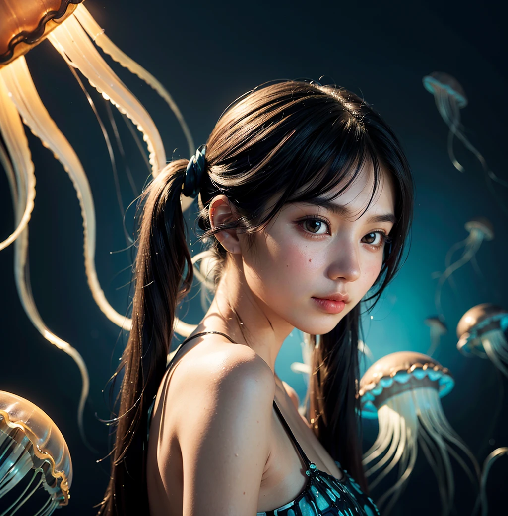 (masterpiece, best quality),jellyfish filling up the ocean,deep black ocean,under the sea,(photorealistic:1.4),(jellyfish background:1.4),
((cute half-asian girl),twintails,upper body),from side