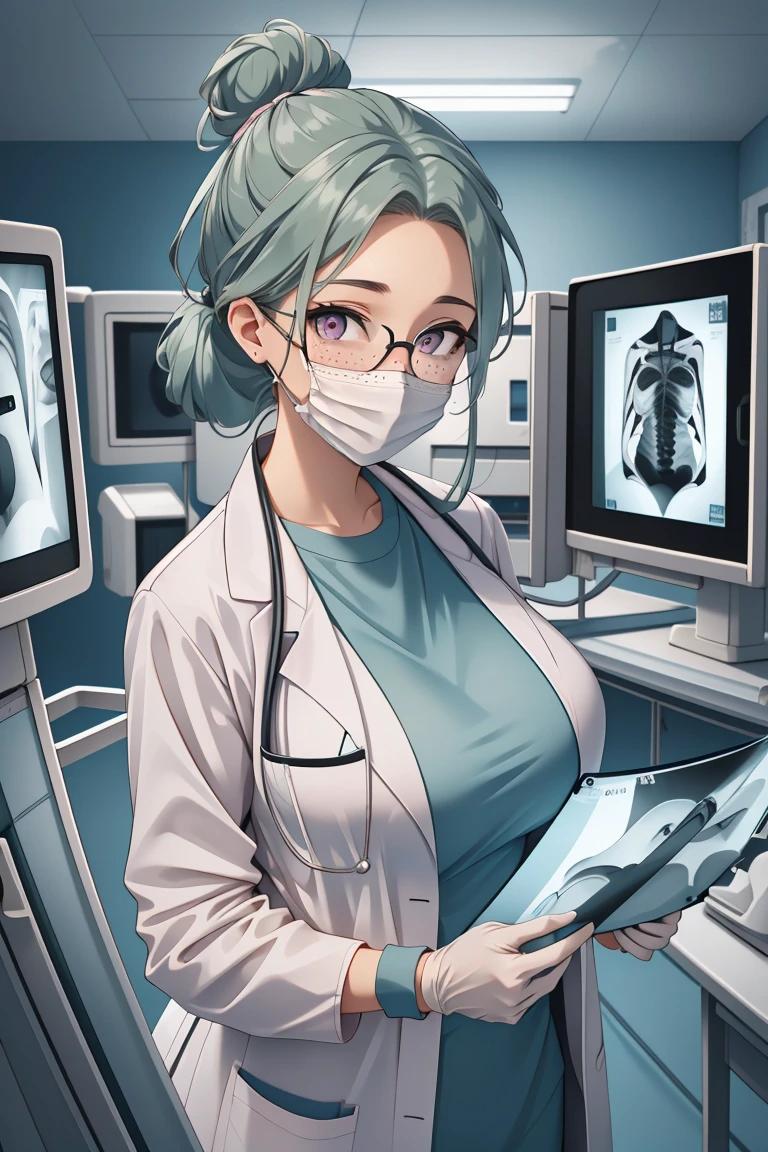 (RAW photo, best quality,facing the viewer,from front), operating room, overhead surgical light,blurred background, focused, dithering,backlighting,
 <lora:CM_Doctor_Checking_Xray_V2.0-000004:0.9> doctor xray, 1girl, solo, surgical mask, doctor, looking at viewer, labcoat,xray,
 <lora:Camilla Kloudiam:0.57> camilla kloudiam, ocg:0001, 1girl, green_hair, glasses, pink_eyes, freckles, single hair bun, large breasts, mature female,