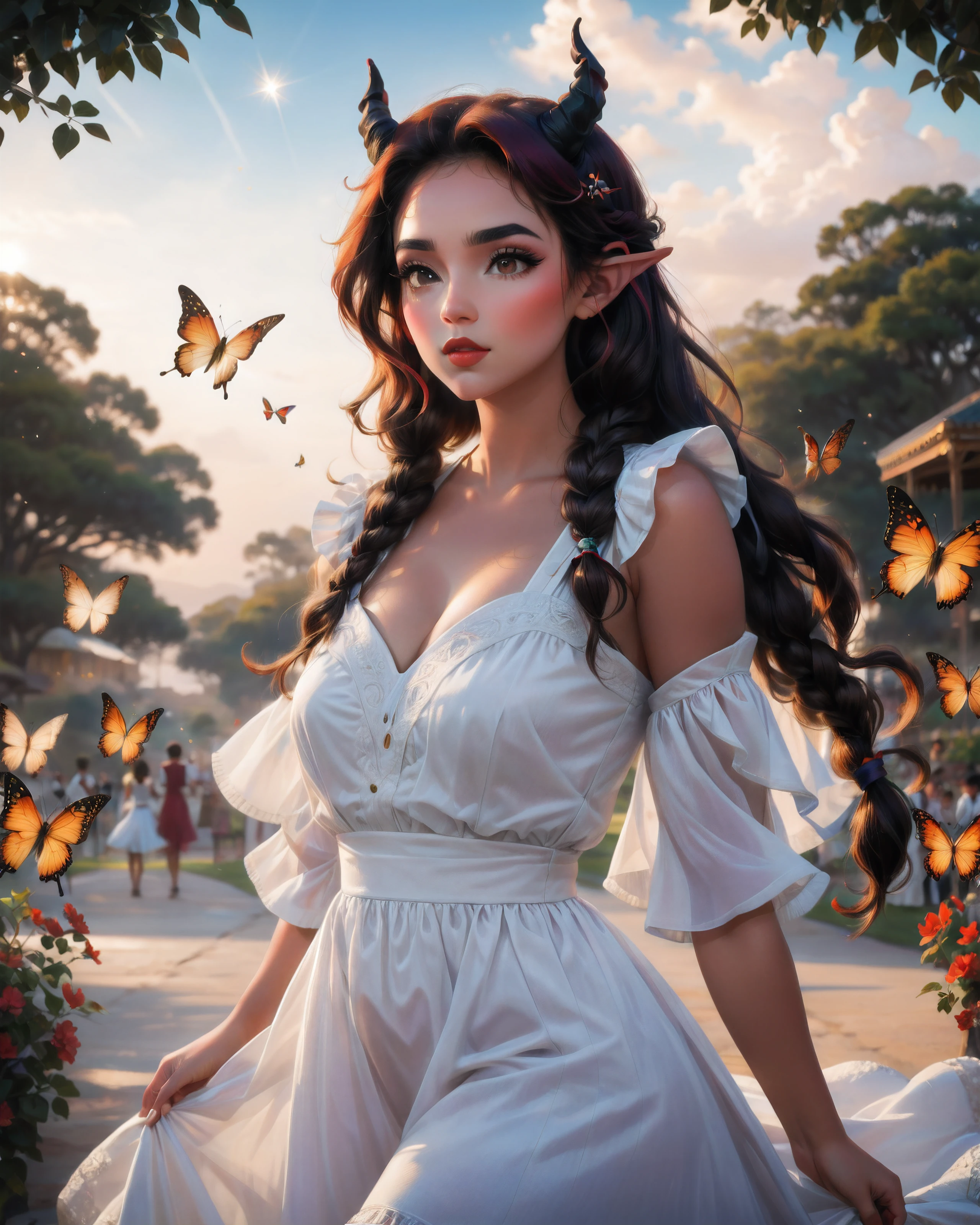 A (tiefling) blowing a kiss with her hand, a 25-year-old beautiful Mexican American, brunet twin braids hair, white dress, cleavage, beautiful park background, 4k, high-res, high quality (lofi, photography, photorealism, bokeh ) butterflies, dust, 
(by Jamie Hawkesworth Janek Sedlar ) <lora:Lumina_Style:1>