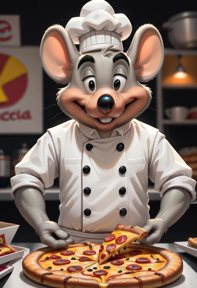 score_9, score_8_up, score_8,   <lora:Charles_Entertainment_Cheese_Avenger_Chuck_E._Cheese_for_PonyXL:0.7> furry, 1boy, chuck3chee3e, mouse boy, male focus, hat, solo, buck teeth, black eyes, chef, pizza,