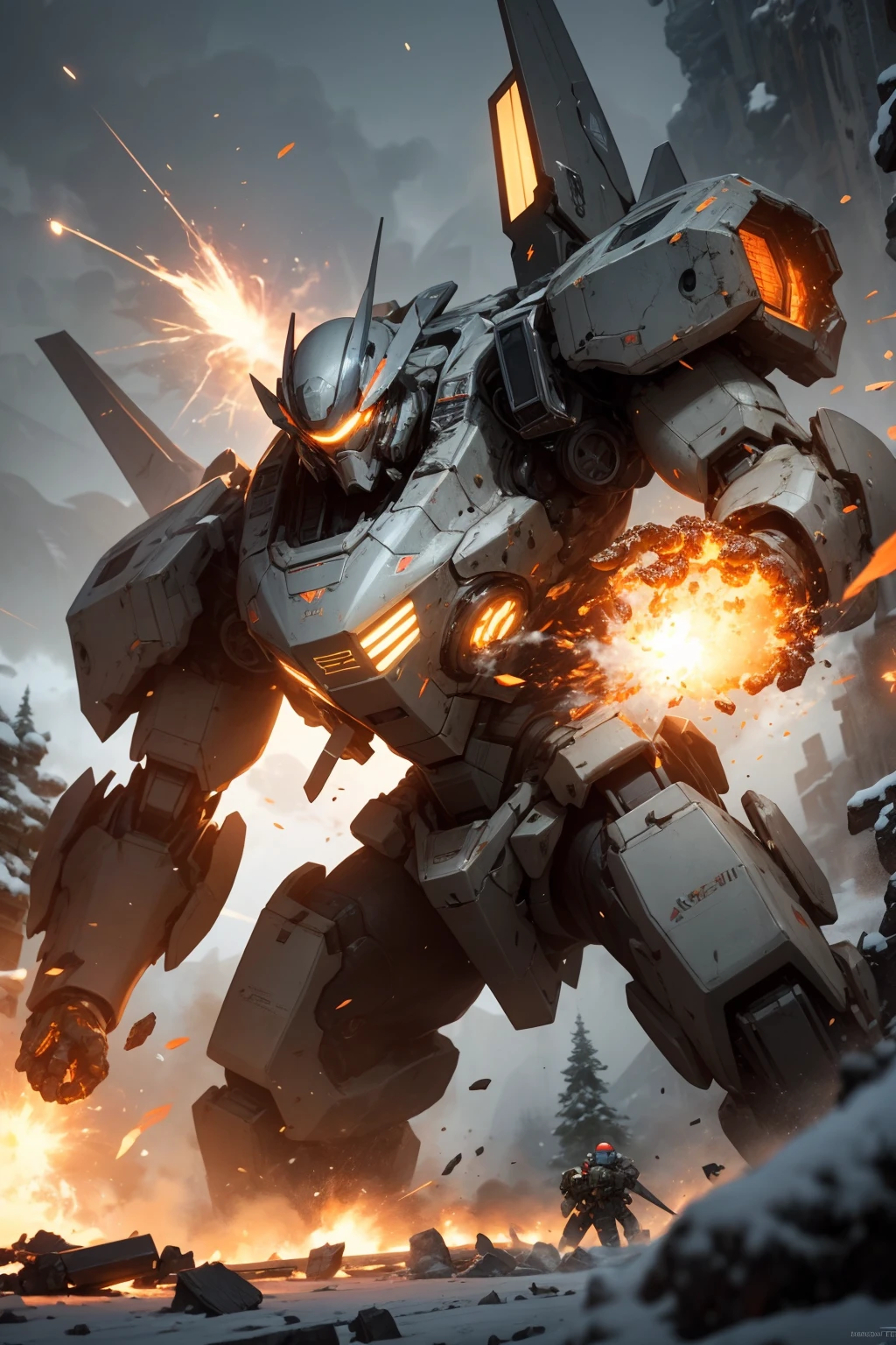 Unreal Engine,cinematic shot,best quality, masterpiece, realistic,,science_fiction,sci-fi,glowing_eyes, explosion sparks, (Lens Flare:0.3),volume fog,mecha_robot,debris,many soldiers fight,ufo, relic,snow mountain