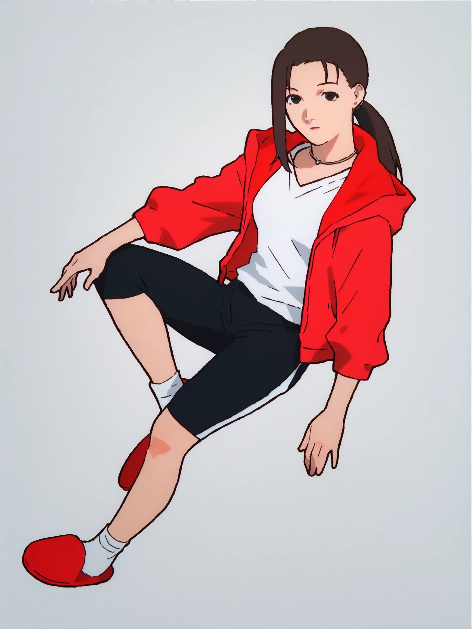 score_7_up, score_8_up, score_9, masterpiece, perfect hands, high quality, 1girl, solo, <lora:Iwakura_Mika_PDXLv0-e40:0.8> iwakura_mika_\(home3\), red hoodie, white shirt, necklace, ponytail, black shorts, red slippers, socks, full body, white background,