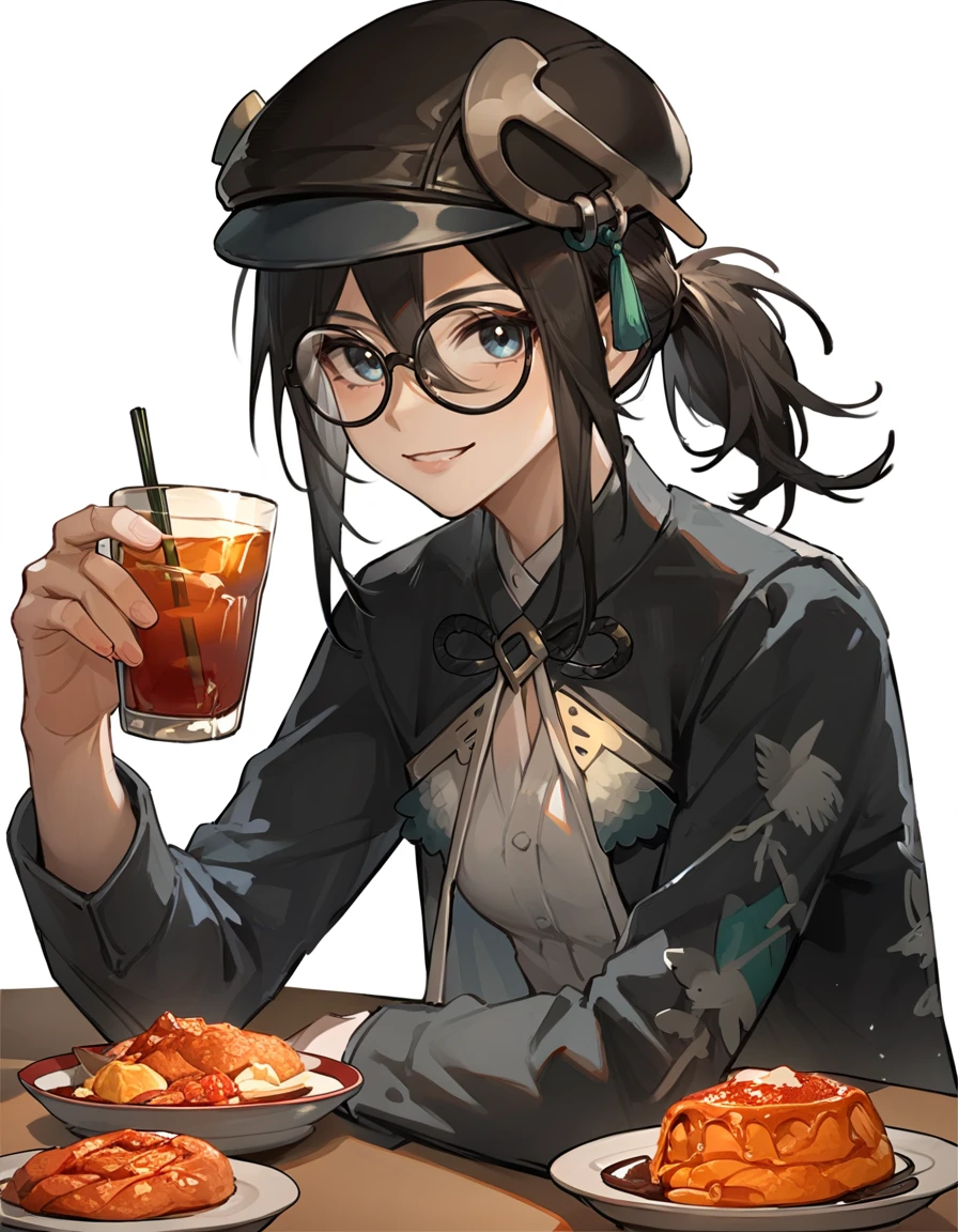 score_9_up,score_8_up,score_7_up,
<lora:maque_pony:0.8>,fellowmoon-maque, 1girl, solo, black hair, hat, food, holding, glasses, cup, white background, looking at viewer, simple background, long sleeves, black headwear, smile, table, ponytail, blue eyes, parted lips, black jacket