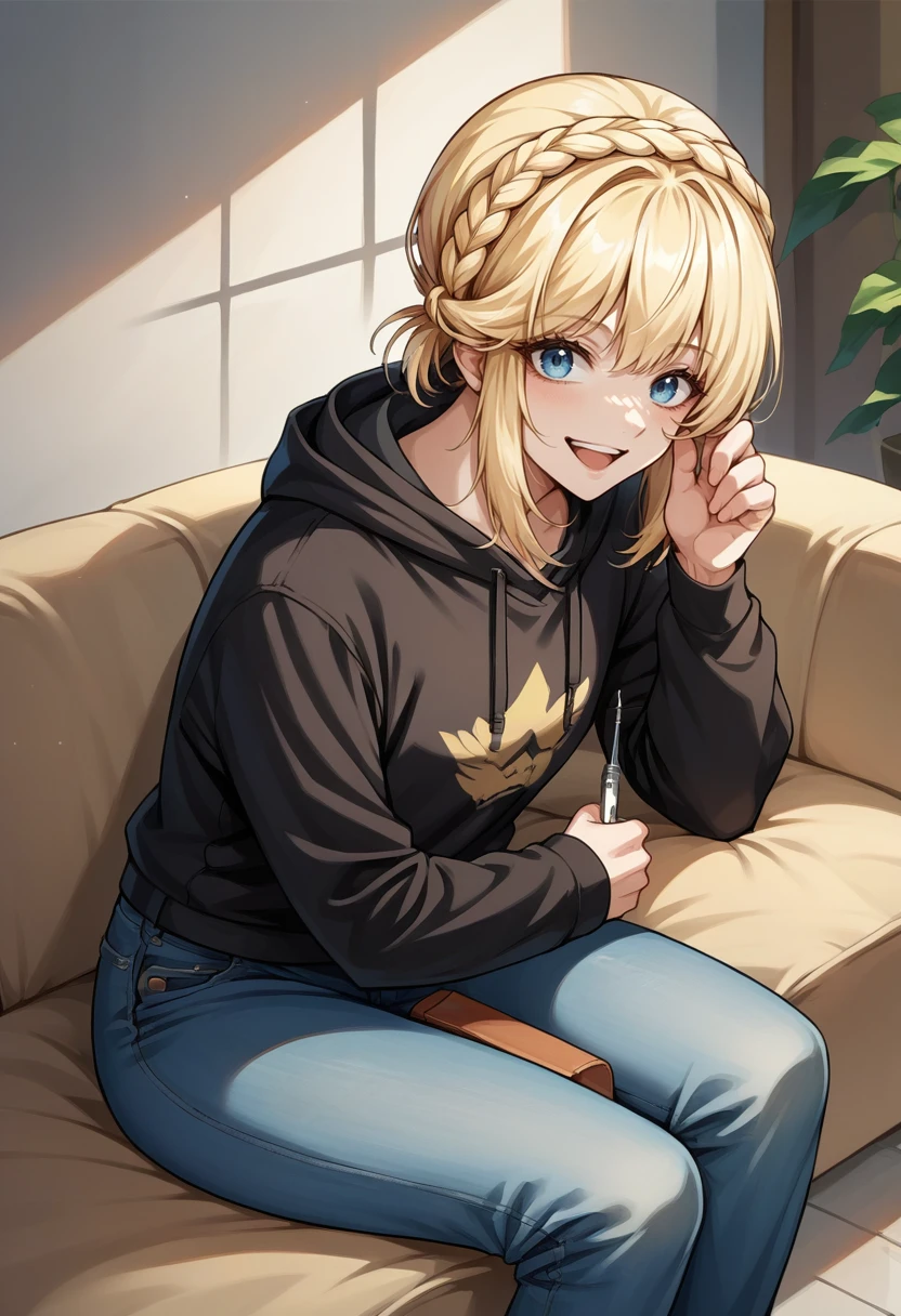 score_9, score_8_up, score_7_up, source_anime, NeedleKnightLeda, blue eyes, blonde hair, bangs, crown braid, <lora:NeedleKnightLeda_XLPD-000009:1>, black hoodie, jeans, sitting, happy,