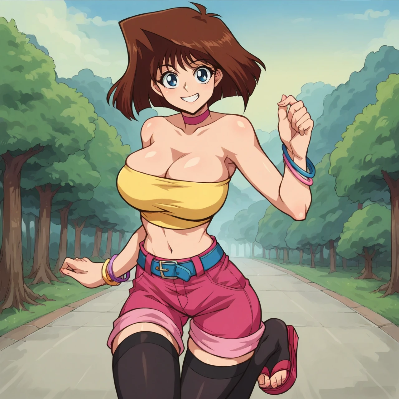 score_9_up, score_8_up, score_7_up, source_anime, break, uncensored  brown hair, short hair, blue eyes, large breasts, blue and pink bracelet, four bracelets, yellow strapless tube top, pink shorts, blue belt, red platform sandals, pink choker,  black thigh-high, black stockings, looking at viewer, belly button, cowboy shot, outdoors, smile, curvy, cleavage, dancing, red strapped platform sandals