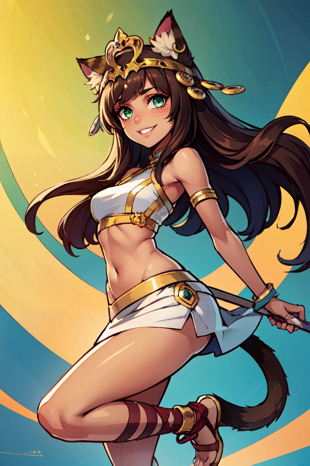 ((masterpiece,best quality)), absurdres,   <lora:Bastet_v2:0.7>, zzBastet, brown hair, green eyes, tiara,  white skirt, white crop top, medium breasts, ankle lace-up, cat ears, dark skin, jewelry, midriff, very long hair, cat tail, wide hips, curvy, smile, looking at viewer, smug,