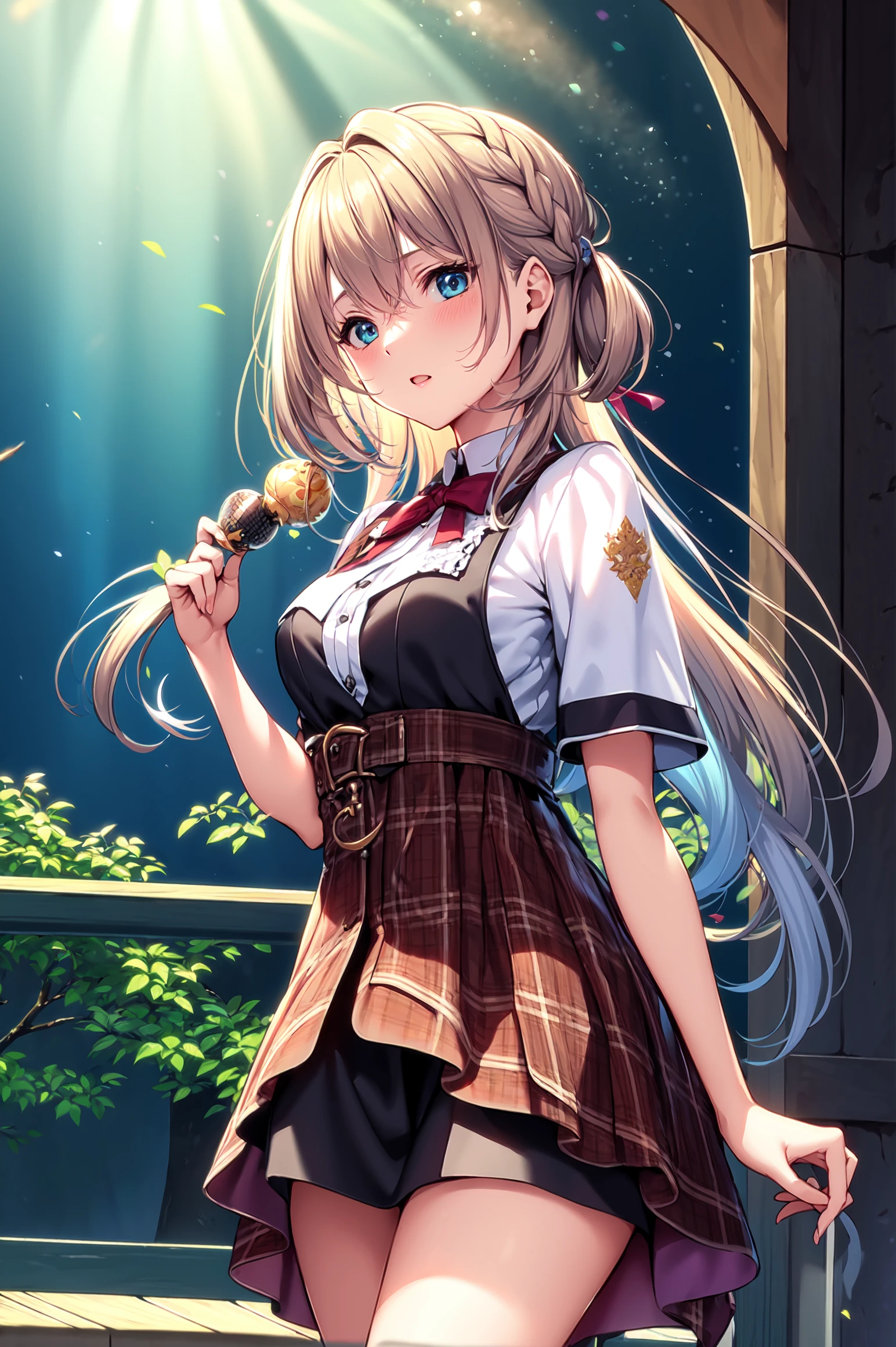 Adult, Perfect Female Figure, Small Breasts, Kaori Miyazono peeing herself, peeing, peeing self, very desperate to pee, holding a guitar on stage, full face blush, sad, crying, flustered, pubic hair, white panties, white stockings wet, peeing, peeing self, peeing, peeing self, pee puddle, puddle of her own urine is forming around her feet, standing on stage, cinematic lighting, anime still HD
