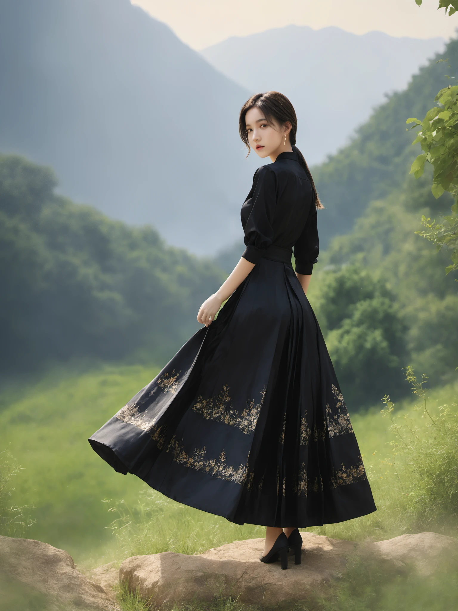 Realistic,Masterpiece,18 - year - old , Super High Resolution, (reality: 1.4) , 1girl, full body shot, Half skirt, shirt, black color, outdoor, realistic,hands,realistic,depth of field,  wearing majien long dress,<lora:Jay-MajienXL:0.8>, (best quality:1.3)