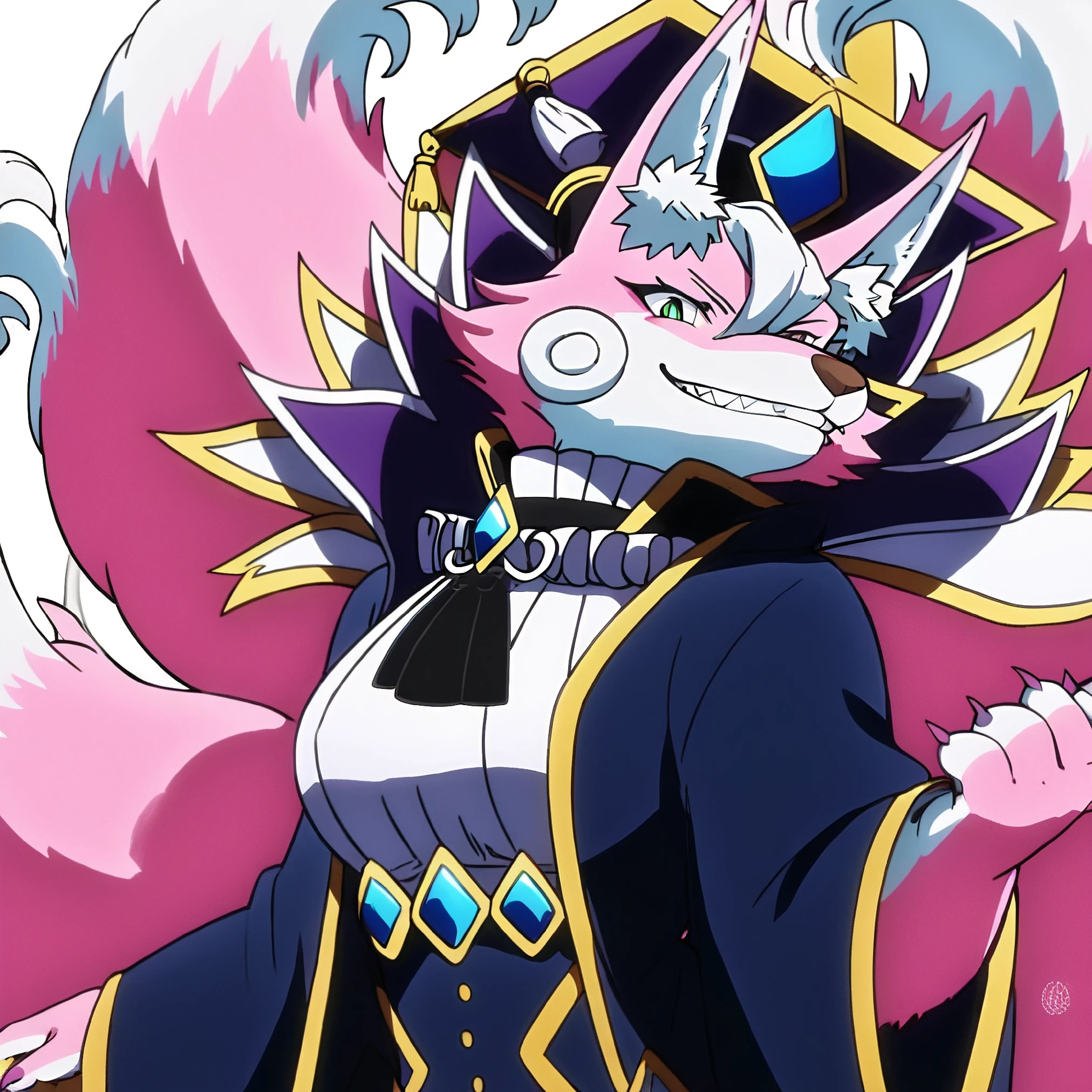 score_7_up, best quality, masterpiece, solo, 1girl, furry female, furry, multiple tails, fox ears, fox girl, breasts, frills, black ascot, mystical high collar, graduate hat, grin, green eyes, teeth, two-tone fur, pink fur, white fur, animal ear fluff, wide sleeves,