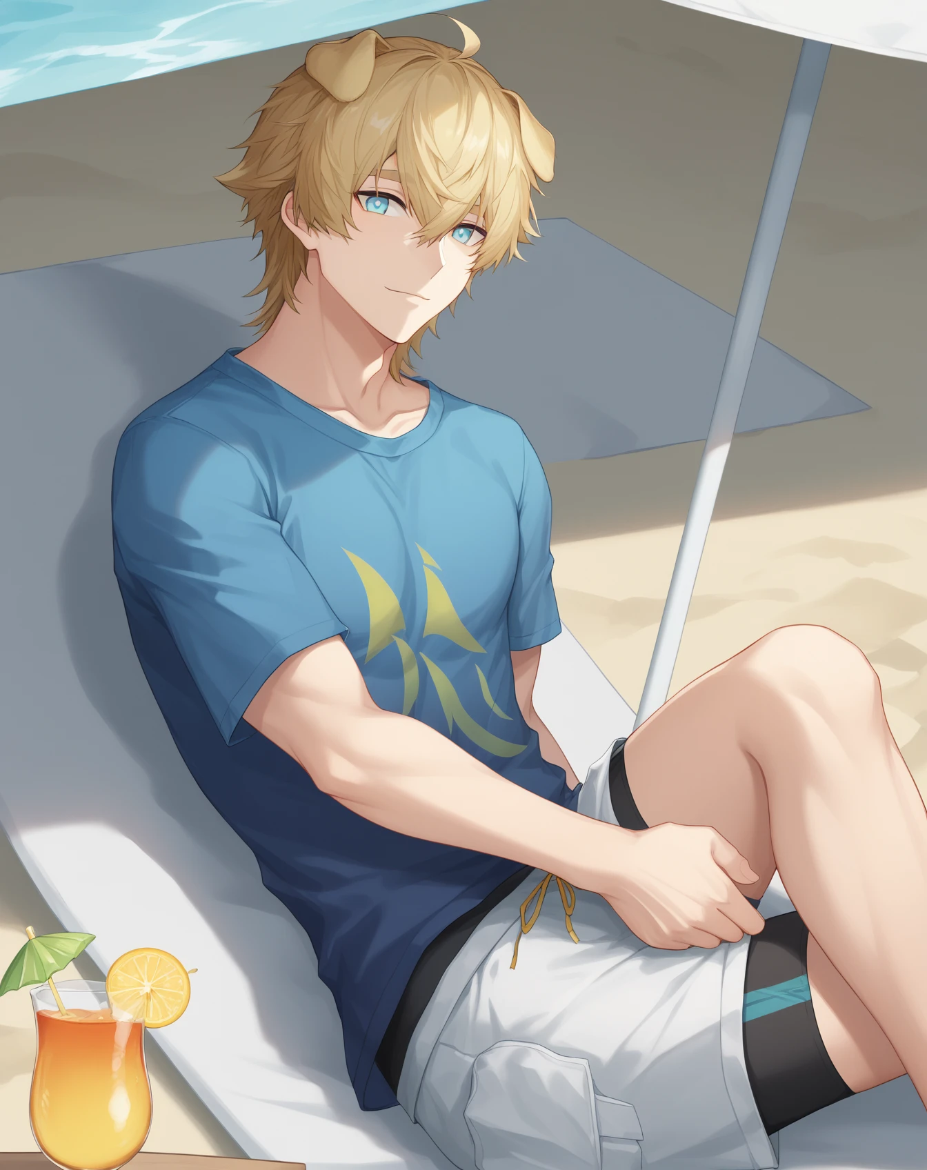 Blond hair, teenager, anime style, sitting on bench, shy, light blue speedo swimwear, male, bulge, blue eyes, shirtless, fit abs, sunny day, 1 boy