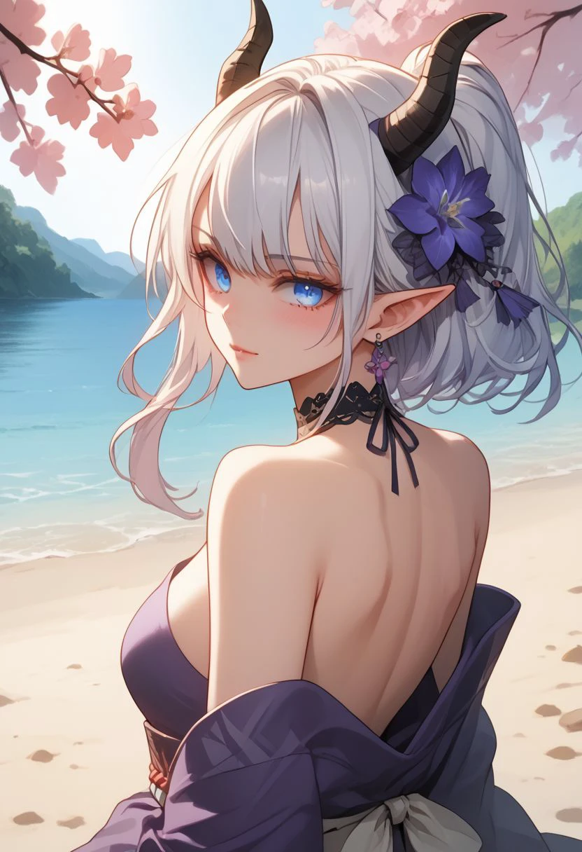 (white sclera), defined eyes, score_9, score_8_up, score_7_up, zPDXL2, zPDXLpg BREAK  <lora:Miavt-10:1> MiavtSDXL, 1girls,  short hair, blue eyes, hair between eyes, medium breasts, ponytail,  white hair, thighs, (black horns), pointy ears,  goat horns, double pigtail BREAK outdoors, forest, lake, sunlight, BREAK upper body, close up BREAK )dressed like raiden_shogun_ckxl, temple, outdoors, sakura blossoms, glowing eyes, long braid, purple, sarashi, open robe, purple robe