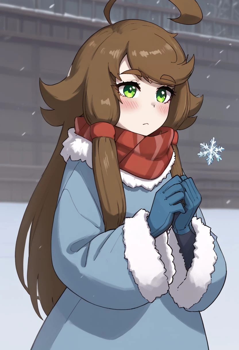 1girl, solo, Blu, brown hair, green eyes, sidelocks, hair ornament, ahoge, huge ahoge, long hair, thick eyebrows, thick eyelashes, fur-trimmed dress, fur-trimmed sleeves, scarf, blue gloves, snow, snowflakes, close-up, looking at viewer, blush