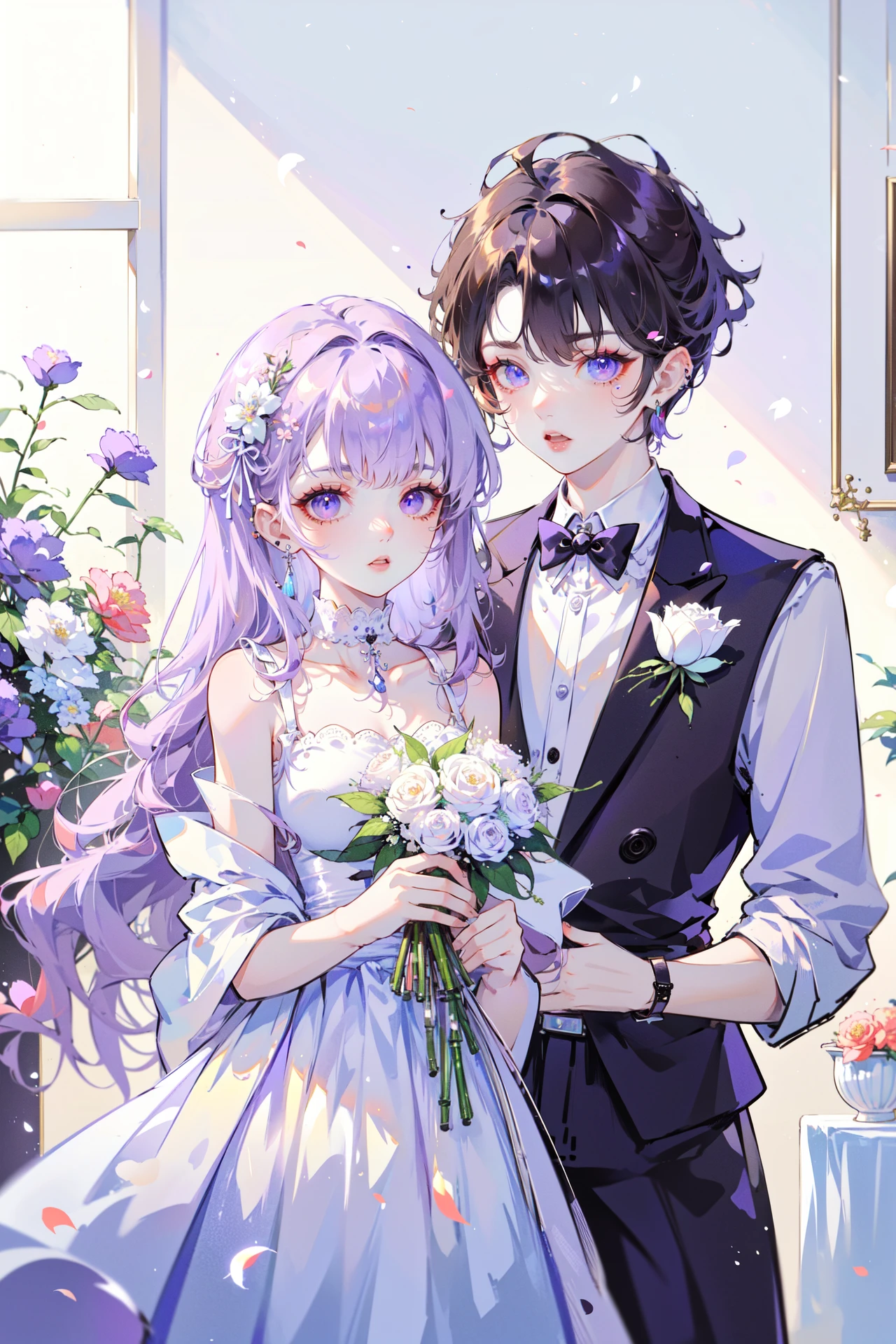 ((best quality, masterpiece, absurbres, super-resolution)) 1boy, 1girl, couple, a guy giving a bouquet of flower to a girl, purple, white  <lora:SECONDARY-CORE:1>