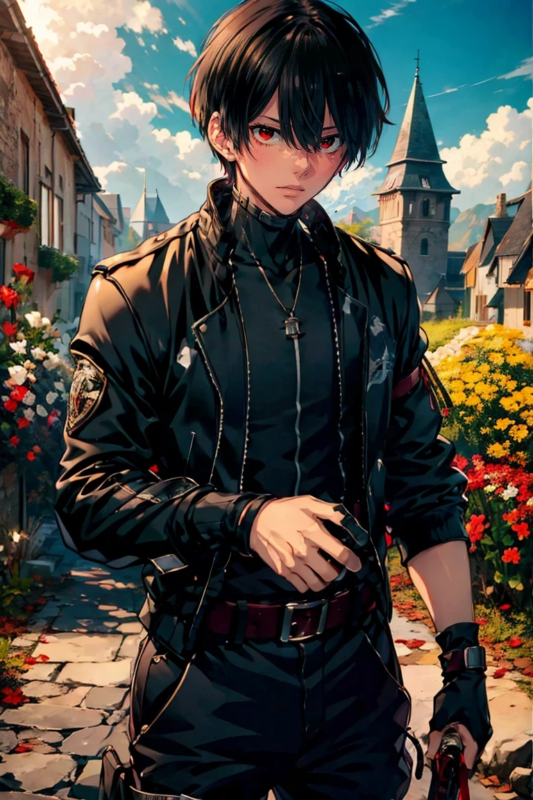 (masterpiece, best quality:1.2), rekkyou sensen,rekkyo sensen, hasuichi nishizono, short hair, black hair, red eyes, boy, male, anime,1boy, bangs, hair between eyes, jacket, looking at viewer, male focus, solo, zipper, black clothes, black gloves, silver choker, background with((fantasy world, village, ruin, castle, beautiful sky, shining sky, sunshine))