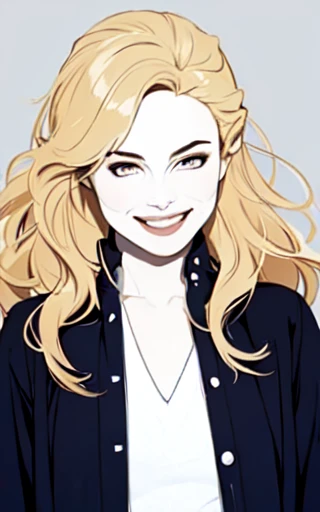 (masterpiece, best quality:1.4),  <lora:Patrick_Nagel_Anime_1.5:1> 1girl, long hair, blonde hair, wavy hair, smile, eyeliner