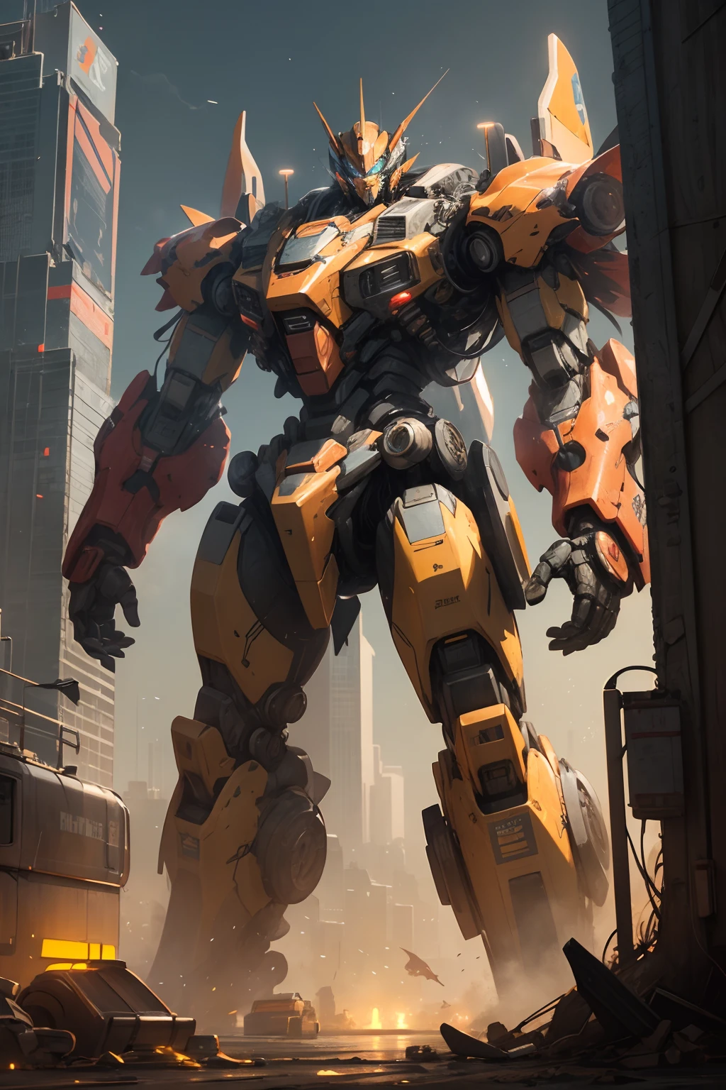 best quality,masterpiece,realistic,sky,night,1man, yellow mecha_robot,relic scenes,cyberpunk,school of fish,(neon lights:0.7),transformers style,light particles,scifi,
