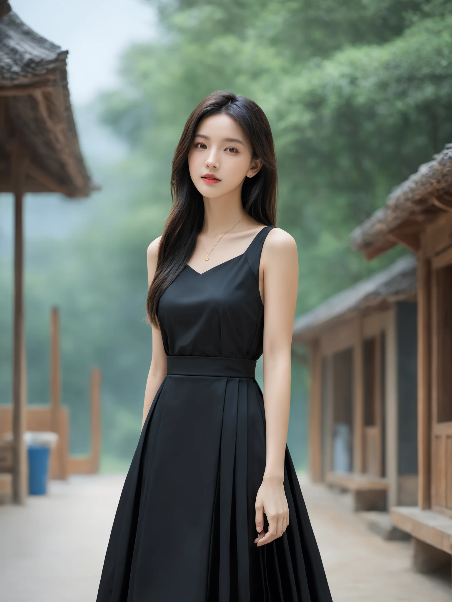 Realistic,Masterpiece,18 - year - old , Super High Resolution, (reality: 1.4) , 1girl, full body shot, Half skirt, shirt, black color, outdoor, realistic,hands,realistic,depth of field,  wearing majien long dress,<lora:Jay-MajienXL:0.8>, (best quality:1.3)