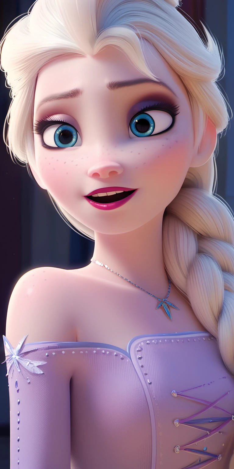 score_9, score_8_up, score_7_up, waist up view:1.3, 1girl, elsa \(frozen\), solo, necklace, jewelry, freckles, bare shoulders, open mouth, upper body, Braid on right shoulder, portrait, civitai elsa, blue eyes, Elsa's Light Purple Dress, outfit 5, elsa's outfit-5, elsa's outfit-5 \(outfit\),  two noticeable front teethï¼view from font
,(((waist-up view))),<lora:Elsa_Ultimate_Version_1_9_outfits-c-000008:0.72>